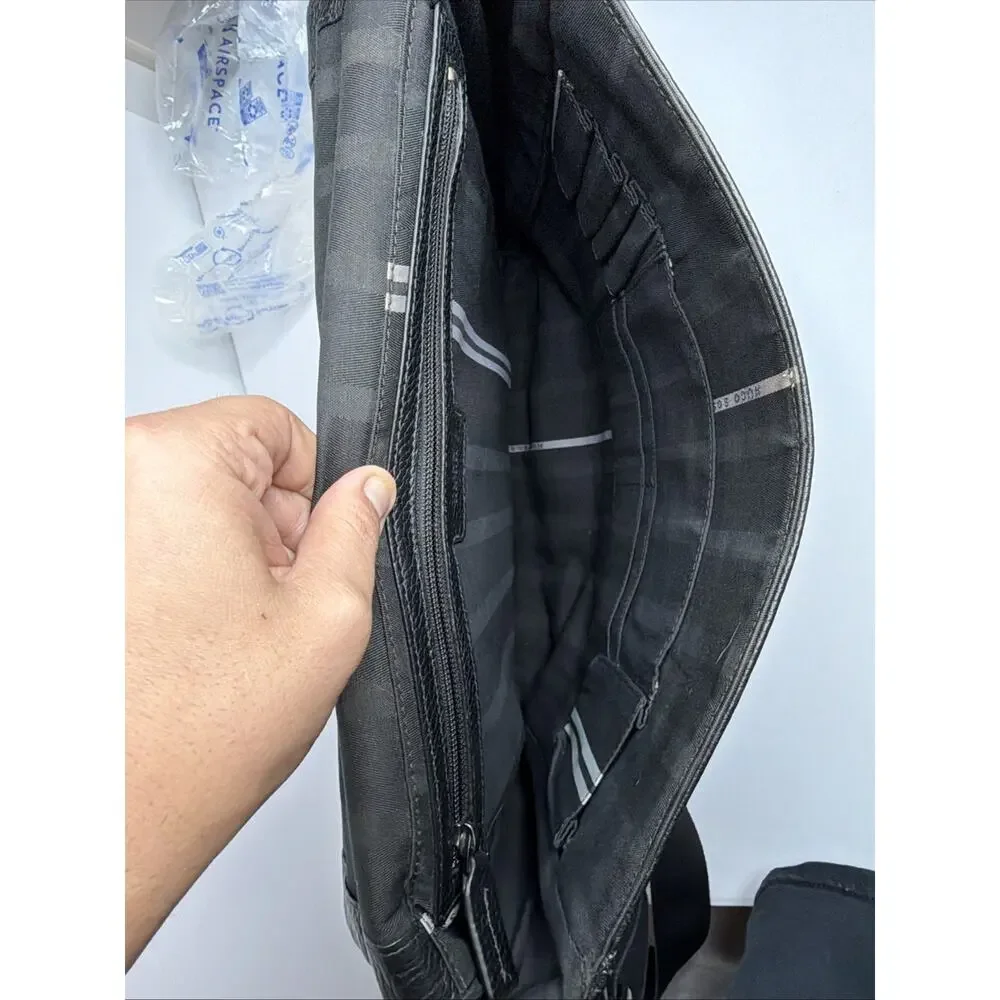 Hugo Boss Genuine Black Leather Laptop Messenger Bag Luxury Work Crossbody Satch
